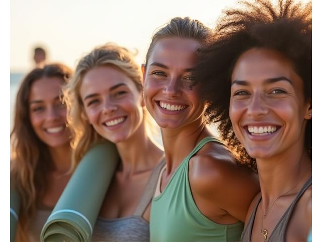 Diverse group of people smiling after an outdoor yoga session, reflecting community and well-being.