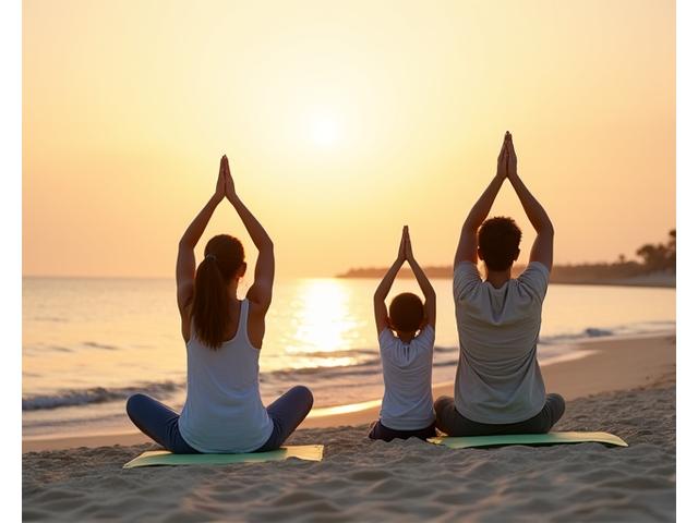 Family doing yoga on a sandy beach at sunset, with ocean in background