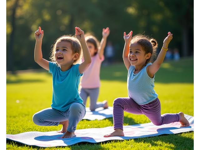 School-aged children doing expressive yoga poses outdoors with bright mats
