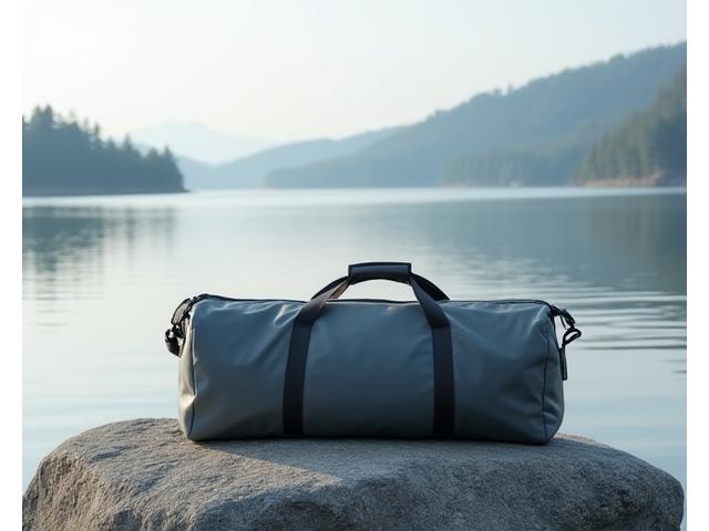 Sleek, grey Waterproof Yoga Bag next to a calm lake