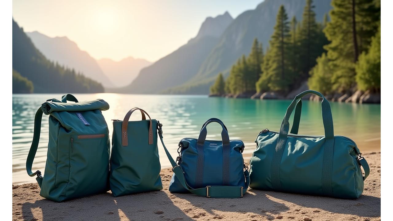 ZenOutdoors yoga bags in various outdoor settings: a backpack by a mountain lake, a tote on a beach, a duffel next to a forest trail, showcasing waterproof, organizational, and durable features.