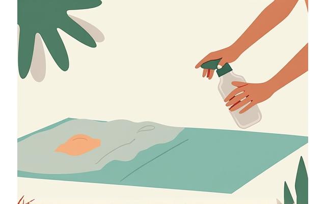 Illustration of yoga mat cleaning tools: a spray bottle, soft cloth, and a gentle brush, with a mat being cleaned outdoors.