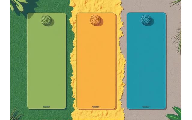 Illustration showing three yoga mats on different outdoor surfaces: grass, sand, and stone, highlighting varying textures.