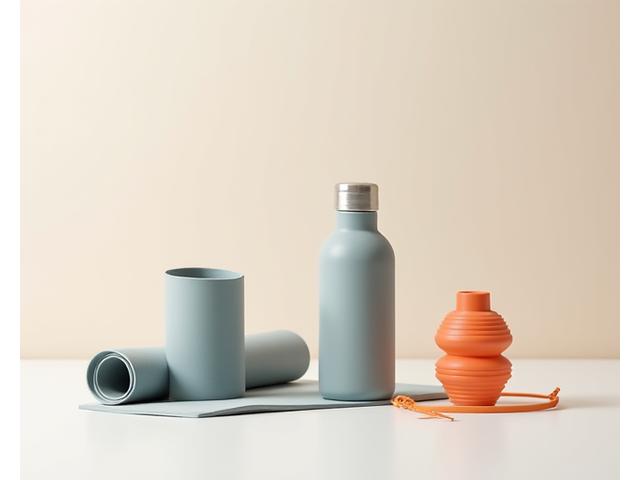 Compact and lightweight travel yoga gear: a thin, foldable mat, a small travel towel, and a collapsible water bottle.